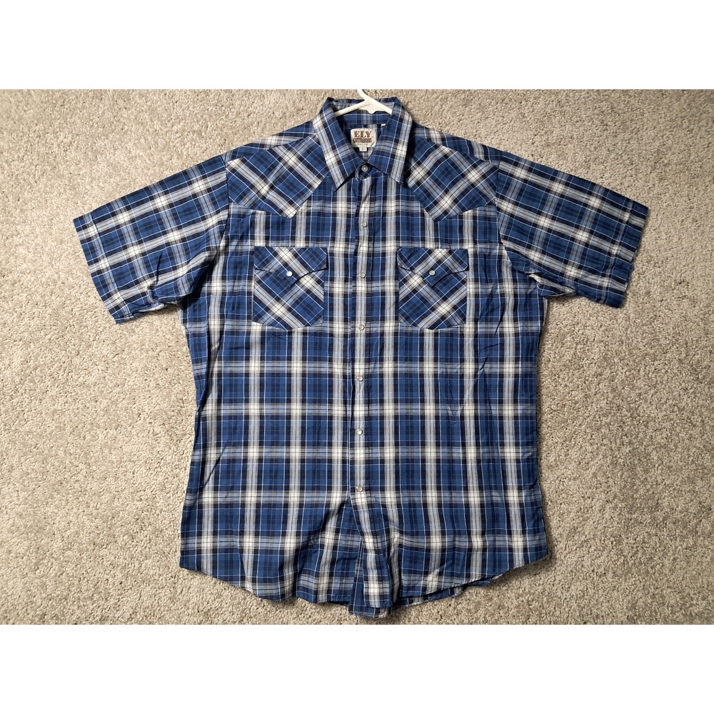 Ely Cattleman Western Shirt Adult Large Blue Pearl Snap Short Sleeve Men